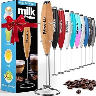 Powerful Handheld Milk Frother With Stand Battery Operated Foam Maker Frother Wand For Coffee (Wooden)