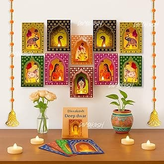 - Divyakosh Deep Dwar (Pack of 10) with LED Candles and Pom Pom Hangings (2 Pcs), Jharokha Style Wall & Home Decor for Diwali Decoration, Festive Decor, Wall Decor