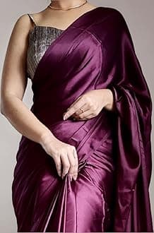 SATAZ Women's Ready to Wear Satin Silk Saree Readymade Stitched Wine With Unstiched Blouse
