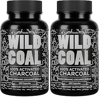 Wild Foods Activated Charcoal Capsules | 100% Organic Coconut Shells Active Tablets for Bloating Relief | Lab Tested & Non-GMO Detox Pills | USA (Two Bottles - 120 Capsules)