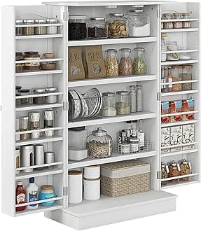 HOMCOM 41" Kitchen Pantry Storage Cabinet, Freestanding Kitchen Cabinet with 12 Door Shelves, Double Doors, 5-Tier Shelving and Adjustable Shelves, White