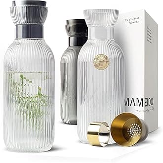 MAMEIDOWater Carafe 1 l, Glass Carafe with pour spout & sieve, Hand-blown Water jug ​​with noble look for special occasions, carafes to give as a gift (Crystal Silver)