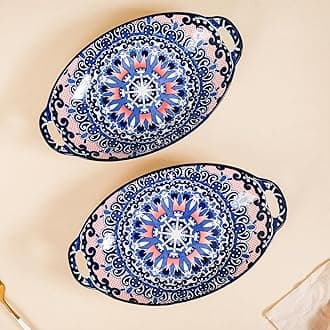 Set of 2 Blue Mandala Design Ceramic Serving Platter with Handles for Snacks, Appetizers, Salads, and Noodles | Microwave Safe, Dishwasher Safe (10.8 Inch)