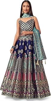 Women's Jacquard Semi-Stitched Lehenga choli(Khwab), Navy-Blue, One Size