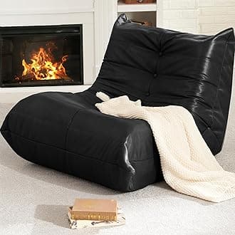 Hobestluk Giant Bean Bag Chair Lazy Floor Sofa, Memory Foam Fireside sofa for Adults, Big Beanbag Faux Leather Armless Chair for Living Room Bedroom Dorm Office (Black Leather)