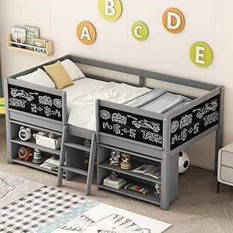 BellemaveTwin Size Low loft Bed with Movable Shelves for Kids,Kids Low Loft Bed Frame with Guardrail Chalkboard and Storage,Solid Wood Loft Bed Twin for Boys,Girls(Gray)