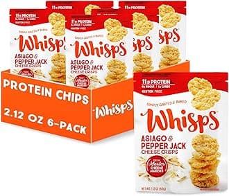 Whisps Cheese Crisps Asiago & Pepper Jack | Protein Chips | Healthy Snacks | Protein Snacks, Gluten Free, High Protein, Low Carb Keto Food (2.12 Oz, 6 Pack)