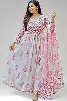 Women's Cotton Printed White Anarkali Kurta with Palazzo & Dupatta Set