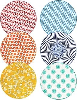 Ceramic Salad Plates Set - 8.5 Inch Round Porcelain Dinner Dishes for Dessert Pasta Appetizer Sandwich - Scratch Resistant, Microwave Dishwasher Safe - Set of 6 - Assorted Colors