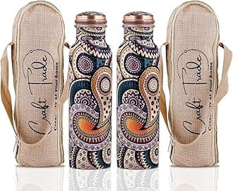 Craft Trade 100% Pure Copper Water Bottle (34 Oz) – Ayurveda Inspired Yoga Copper Bottle with Jute Carry Case, Handcrafted in Ethnic Print - Boosts Immunity, Leak-Proof, BPA-Free, Heavy-Duty - 2 Pk