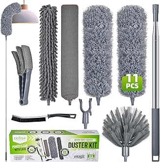 Extendable Feather Duster with Extension Pole 30 to 100 Inches, 11 Pcs Cleaning Kit with Microfiber Feather Dusters, Crevice Cleaning Brush, for Cobwebs, Blinds, Furniture, High Ceilings & Cars