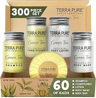 Terra Pure Hotel Soaps and Toiletries Bulk Set | 1-Shoppe All-In-Kit Amenities for Hotels | 1oz Hotel Shampoo & Conditioner, Body Wash, Body Lotion & 1.25oz Bar Soap Travel Size | 300 Pieces