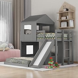 Merax Twin Over Full Bunk Bed Frames with Slide, Safety Guardrails and Ladder for Teens, Girl or Boys, House Shape, Gray