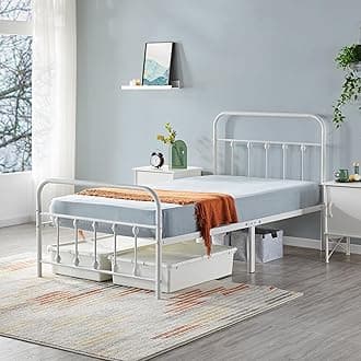 Topeakmart Twin XL Size Victorian Style Metal Bed Frame with Headboard/Mattress Foundation/No Box Spring Needed/Under Bed Storage/Strong Slat Support White