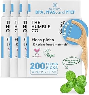 The Humble Co. Plant Based Floss Picks | Fresh Mint | Eco-Friendly, Vegan for Your Everyday Oral Care - Dentist Approved - Removes Plaque and Gives a Fresh Feel (4 x 50p)