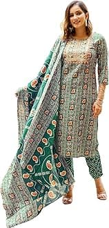 MIRCHI FASHION Women's Designer Straight Fit Cotton Printed and Embellished Kurta Set with Trouser Pant and Dupatta