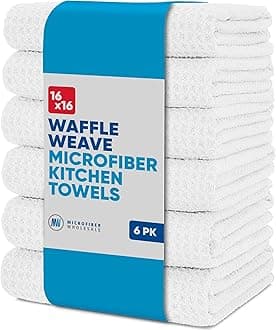 Microfiber WholesaleKitchen Towels - Microfiber Waffle Weave Towels | White | 16 x 16 in. (6 Pack) | Absorbent, No Lint, Thick, Reusable, Commercial, Soft, Hand, Tea, Glass, Bar, Sublimation Blank, Polyester Cloths