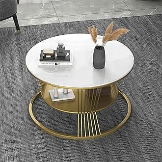 Coffee Table Two Tier Sofa Side Table Round Coffee Table Metal Frame Center Table Tea Table for Center Room Dining Home & Living Room Decor (Golden White)