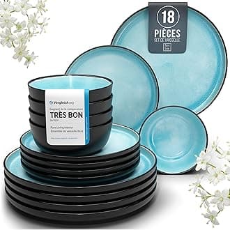 PURE LIVING INTERIOR DESIGN Ibiza Stoneware Crockery Set for 6 People, 18-Piece Mediterranean Test Very Good Stoneware Tableware Set, Bowl and Plate Set, Dinner Service for 6 People, in Aquamarine