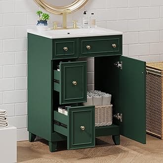Harper & Bright Designs 24" Bathroom Vanity with Sink, Free Standing Single Basin Vanity Set with Two Drawers and One Door, Solid Wood Bathroom Cabinet with Ceramic Basin for Bathroom, Frosty Green