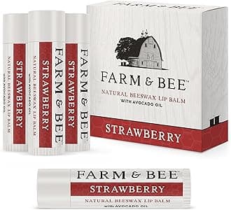 Natural Lip Balm - Organic & Natural Ingredients - Beeswax Based Moisturizing Lip Care Chapstick for Chapped Lips - Great Gift Idea - Farm & Bee - 0.15oz (Pack of 4 - Strawberry)
