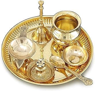 BENGALEN Brass Pooja Thali Set 6 Inch Puja Thali with Pital Plate Kalash Spoon Chandan Wati Dhup Dan Diya Ghanti Arti Thali for Diwali Home Office Mandir Wedding Return Gift Items