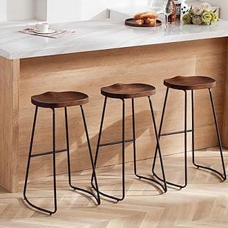 HeuGah Bar Stools Set of 3, Solid Wood Counter Height Bar Stools 30 Inch Saddle Seat Barstool Rustic Tall Bar Height Stool for Kitchen Island with Metal Leg (Walnut, 3 PCS 30Inch Barstool)