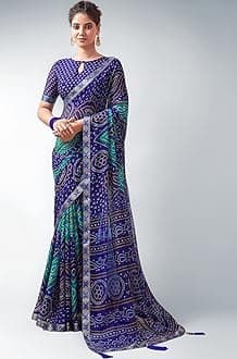 SAMAH Women's Bandhani Printed | Leheriya Printed Chiffon Saree with Unstitched Blouse Piece
