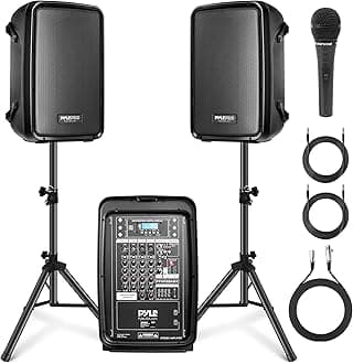 PA Speaker DJ Mixer Bundle - 300 W Portable Wireless Bluetooth Sound System w/ USB SD XLR 1/4" RCA Inputs - Dual Speaker, Mixer, Microphone, Stand, Cable - Home/Outdoor Party - PPHP28AMX,Black