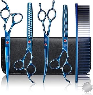 Moontay Dog Grooming Scissors Set Professional, 7 Inch Pet Grooming Scissors, 8 in 1 Straight, Curved, Thinning, Fishbone Scissors with Comb, Tension Adjuster, Cleaning Cloth and Storage Case, Blue