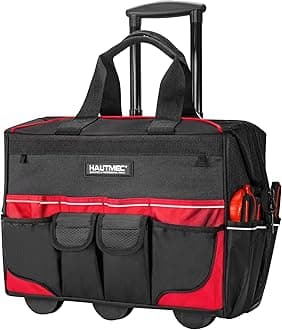 HAUTMEC 18" Rolling Tool Bag on Wheels, Heavy-Duty Tool Bag with High-Density Oxford Fabric, Oversized Off-Road Wheels, Wide-Mouth Design, 23-Pocket, Double Zipper & Telescoping Handle - HT0059