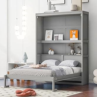 Merax Full Size Wood Modern Murphy Bed, Wall Bed with Shelves, Foldable Platform Bed Folded into Cabinet, Space-Saving Design Bed for Guest Room, Home and Office, Grey