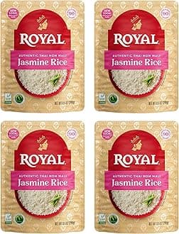 Royal Authentic Thai Hom Mali White Jasmine Rice - Microwave Rice - Dinner Side Dish - (4 Pack) 8.5 oz Pouch