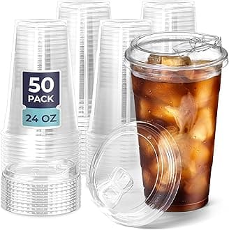 [50 Pack] Disposable Strawless Plastic Cups with Lids - 24 Oz Clear Plastic Cups and Sippy Cups Lids, Perfect Eco-Friendly To Go Cups for Iced Coffee, Smoothies, Soda Party Drinks and Cafe Essentials