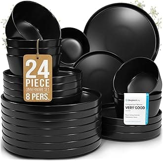 24 Piece Black Dinnerware Set for 8 | Matte Black Plates and Bowls Sets, Modern Stoneware Black Dishes Set | Scratch Resistant, Dishwasher & Microwave Safe | Matte Black Finish Ultra-Chic & Modern