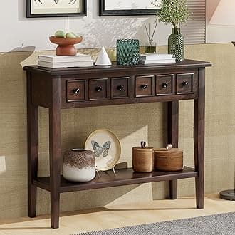 Knocbel Rustic Console Table with 2 Drawers and Open Shelf, Sofa Tables with Rubber Wood Legs for Entryway Living Room 38.2" W x 13" D x 31.9" H Espresso