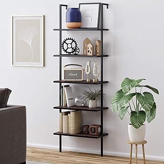 Theo 5-Shelf Wood Modern Bookcase, Open Wall Mount Ladder Bookshelf with Industrial Metal Frame, Brown Walnut/Black