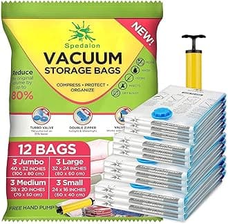 Spedalon 12 Vacuum Storage Bags for Clothes - Jumbo, Large, Medium & Small - Space Saver Vacuum Bags for Comforters, Blankets, Bedding, Pillow - Cruise Travel Essentials, Seal Bags Clothing with Pump