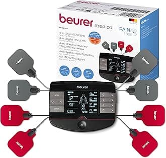 Beurer EM89 Digital TENS/EMS Device with Heat Function, 4-in-1 Function for Pain Therapy, Muscle Stimulation, Massage and Heat Therapy, 4 Separately Adjustable Channels, 8 electrodes & Battery