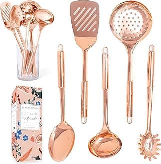 Copper Cooking Utensils Set – 5-Piece Rose Gold Stainless Steel Kitchen Tools for Cooking and Serving Includes Ladle, Spoon, Pasta Fork, Spatula, and Skimmer – Stylish Copper Kitchen Accessories