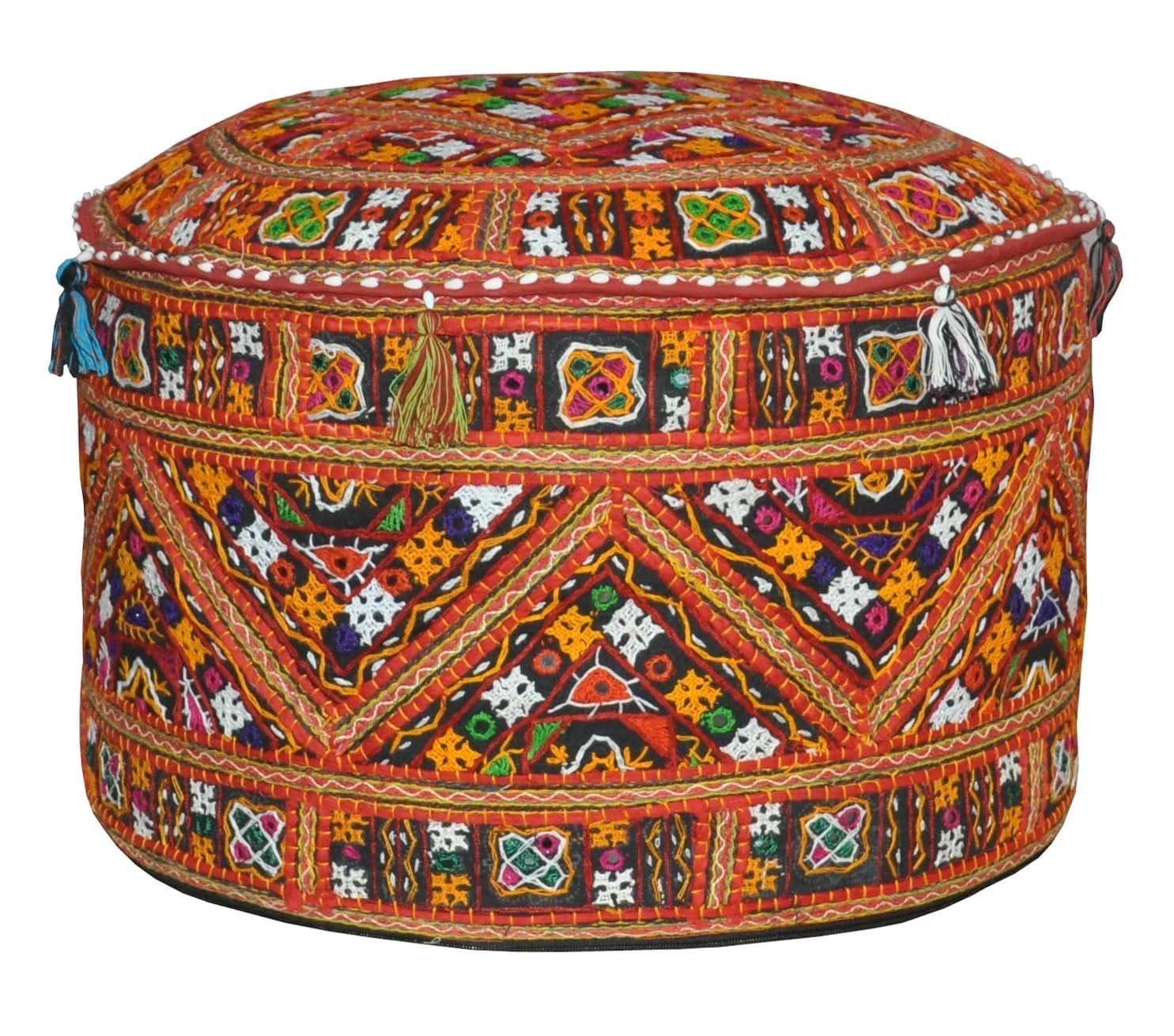 Round Patch Work Embroidered Ottoman Pouf, Indian Round Ottoman Stool Pouf Pillow Patterned Cocktail Vintage Hassock Pouffe, Cotton Handmade Ottoman Pouf, Traditional Ethnic Patchwork Pouf, 14x 22 Inch by Online Big bazar