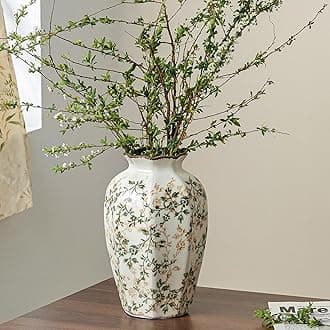 Vintage Pastoral Octagonal Vase, Green and Beige Retro Ceramic Flower Vase, Rustic Farmhouse Vases Chinoiserie Floral Large Vase for Home Decor, Living Room, Kitchen, Bedroom and Shelf 9.1 Inch