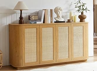 64" Sideboard Buffet Cabinet with Storage, Wooden Fluted Storage Cabinet Sideboard with Adjustable Shelves Pressed Spring Rattan Doors for Kitchen Living Room (Natural)