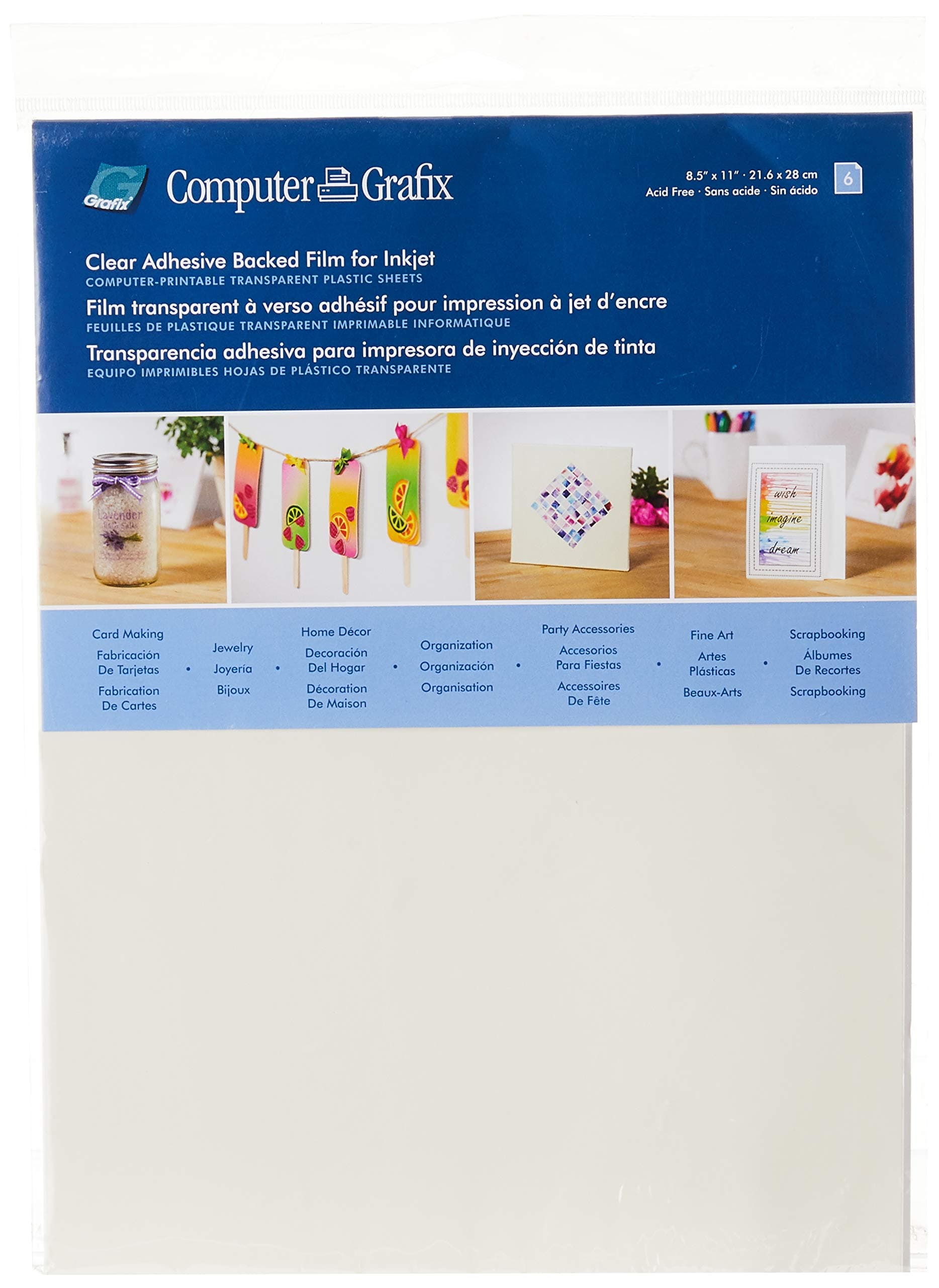 Grafix Computer Adhesive Backed Ink Jet Film – Self-Stick Printable Film for Creating Custom Journals, Stickers, Photos, Jewelry and More, Ink Jet Printers Only 8.5 x 11”, Clear, Pack of 6