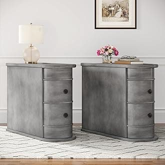 Wood End Table with 2 Drawers, No Assembly Required Narrow Sofa Side Table for Living Room, Vintage Slim Nightstand Bedside Table for Bedroom (2 Drawers, Grey, 2 Pcs)