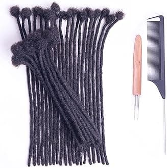 0.4cm Width 12 Inch 60 Strands 100% Human Hair Loc Extensions, Full Handmade Dreadlock Extensions for Men Women Kids Can Be Dyed and Bleached with Needle and Comb Unprocessed Natural Black