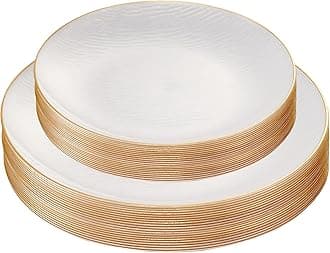 48 Pieces Elegant Plastic Plates for Party Pearl with Gold Rim Includes 7" inch and 10" inch Fancy Plastic Plates Disposable Dinnerware