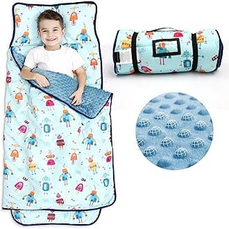Toddler Nap Mat with Pillow and Blanket, Extra Large Rolled Napping Mats,Slumber Bags for Boys Girls,Kids Sleeping Bag for Daycare, Preschool Travel Camping, Robots