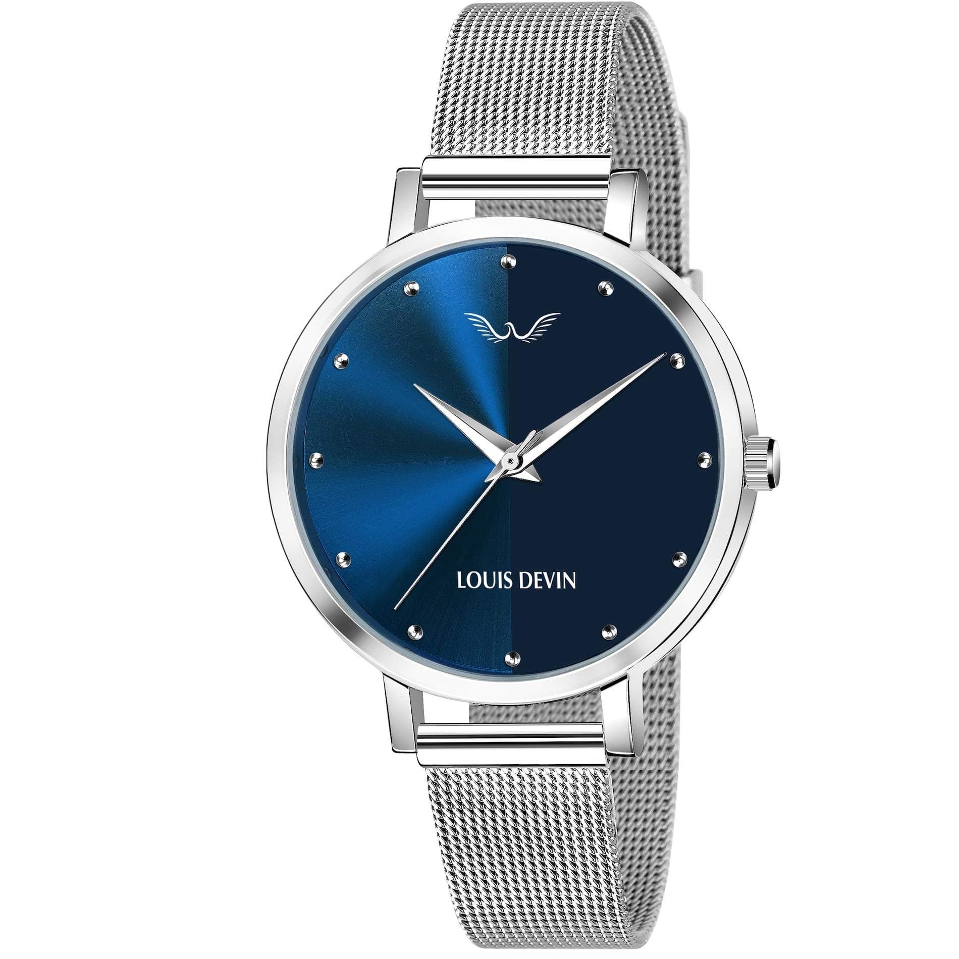 LD-L144-BLU-CH Mesh Blue Dial Silver Band Stainless Steel Chain Analog Wrist Watch for Women
