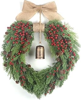 Kmise Heart-Shaped Valentine's Day Wreath：18.5 inch,Heart-Shaped Wreath,Spring Wreaths with Red Berries,Pinecone,Linen Bow and Brass Bell for Front Door